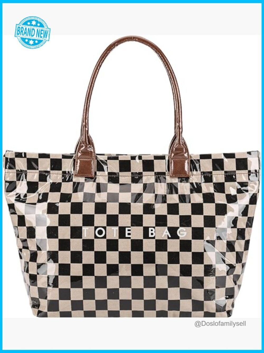 PVC Tote Bag with Zipper Checkered Hobo Handbag Large Letters Print Shoulder